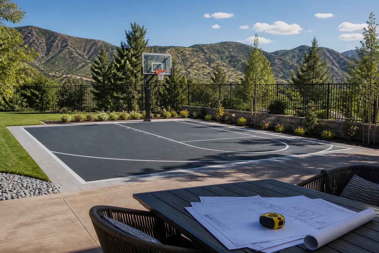 Outdoor backyard basketball court with one hoop, smooth court surface, fence, drainage-aware landscaping, and planning materials