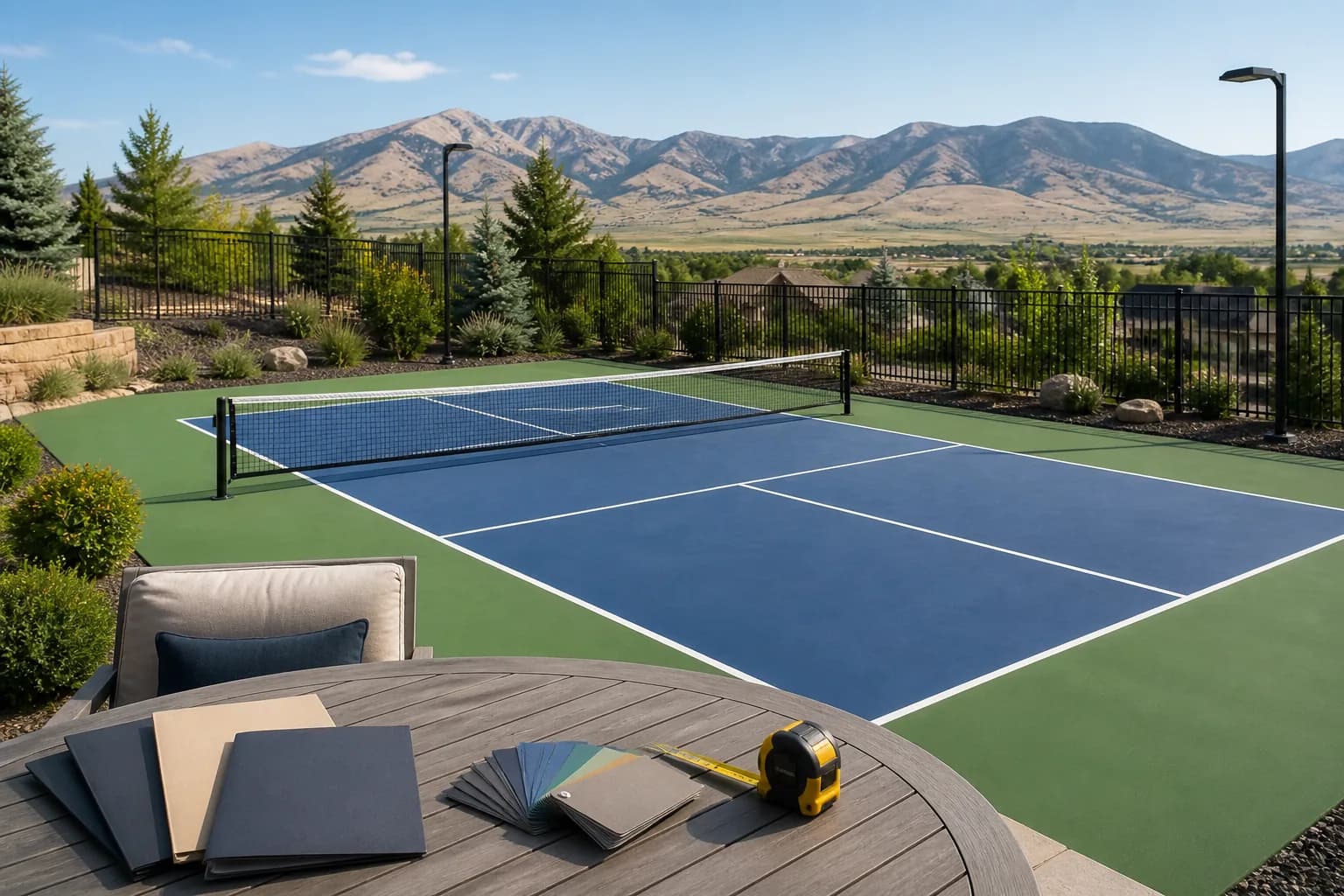 Backyard sport court bid comparison scene with one clean court, fence, lighting, measuring tape, and unbranded planning documents