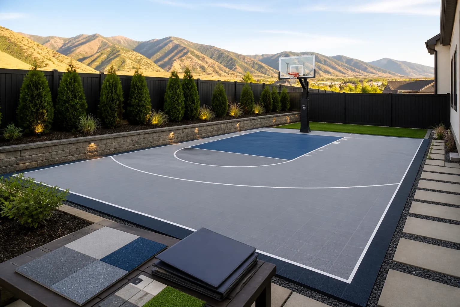 Sport court contractor bid planning with one backyard court, fence, lights, material samples, and unbranded scope documents