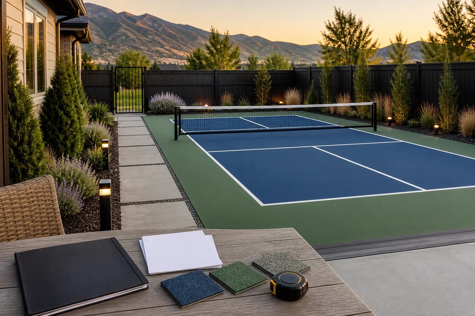 Sport court quote request preparation with one backyard court, measuring tape, surface samples, fence, lights, and unbranded documents