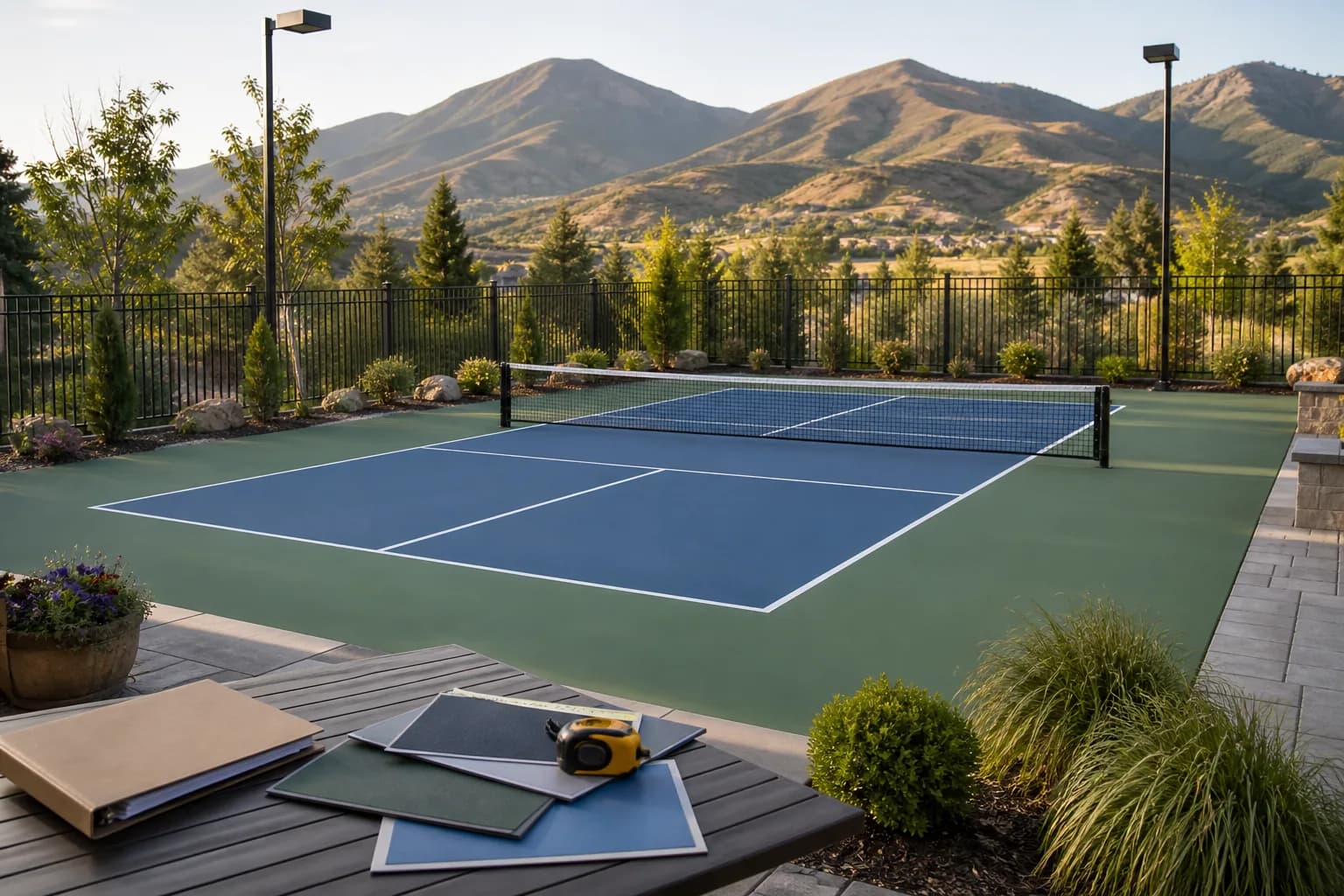 Backyard sport court quote planning scene with one clean court, fence, lighting, measuring tape, and contractor scope documents