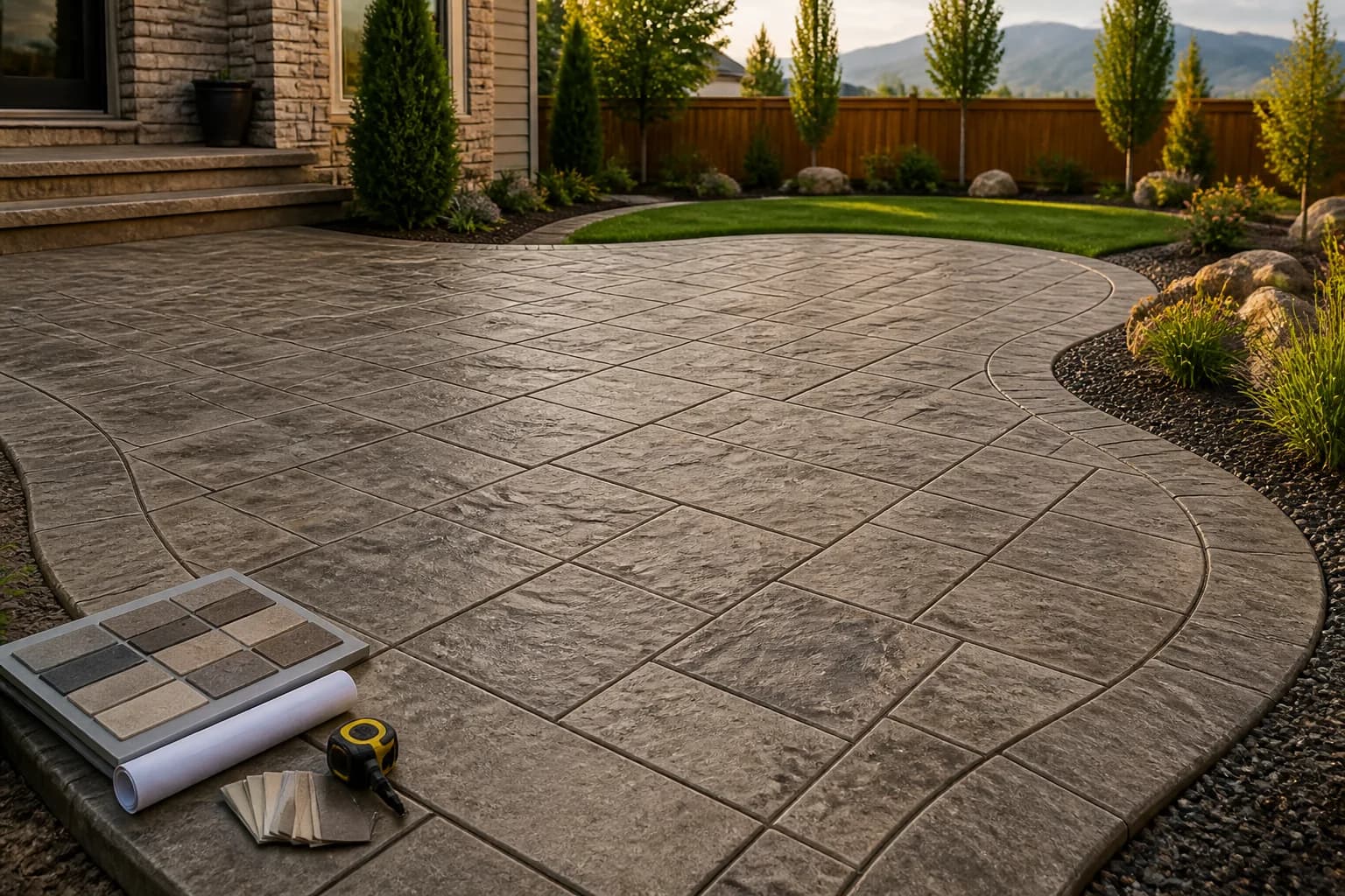 Stamped concrete patio with decorative pattern, color samples, rolled plans, measuring tape, landscaping, and mountain views