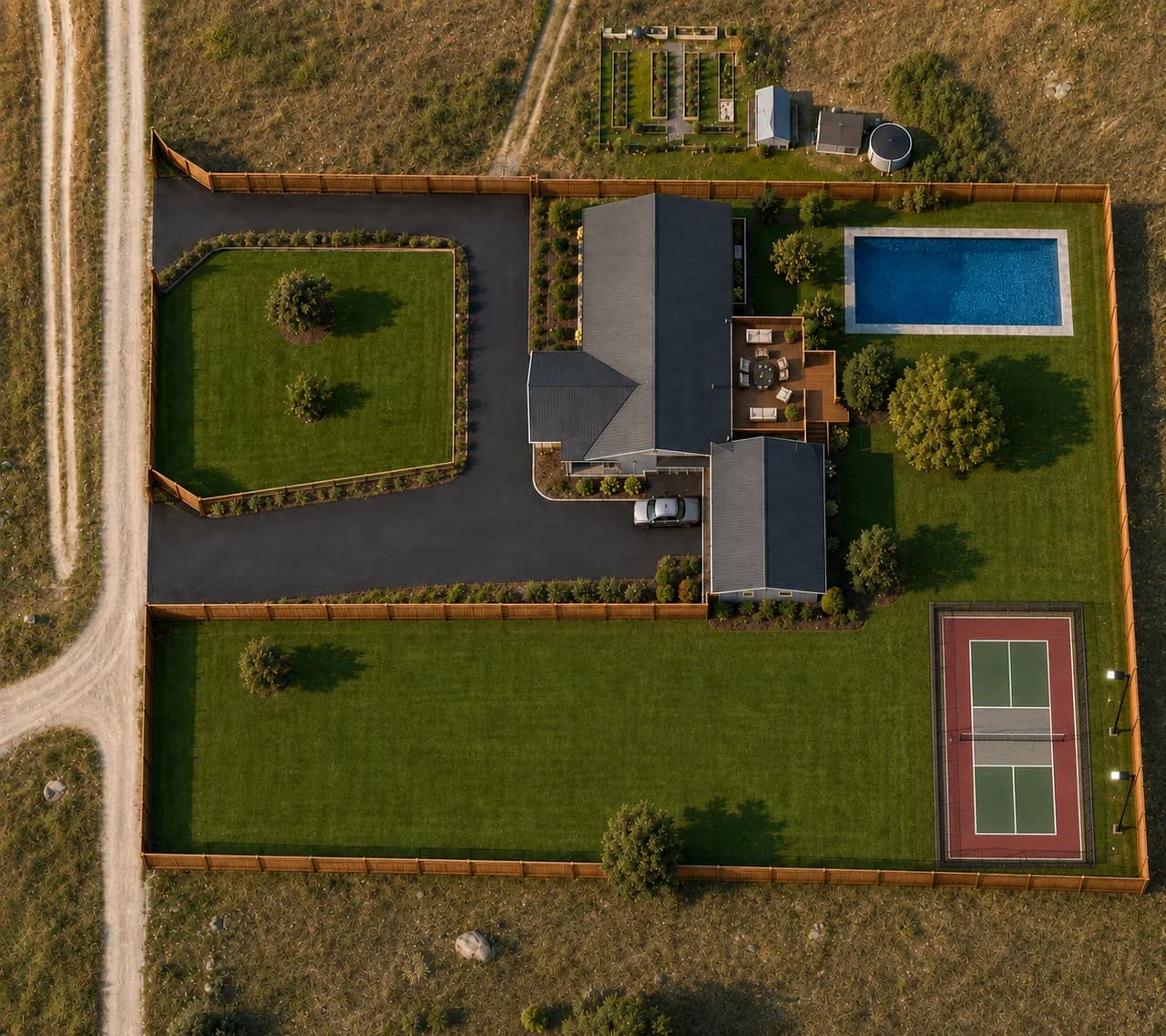 Completed property rendering with wood fencing, asphalt paving, a swimming pool, a finished deck, and a lighted fenced pickleball court