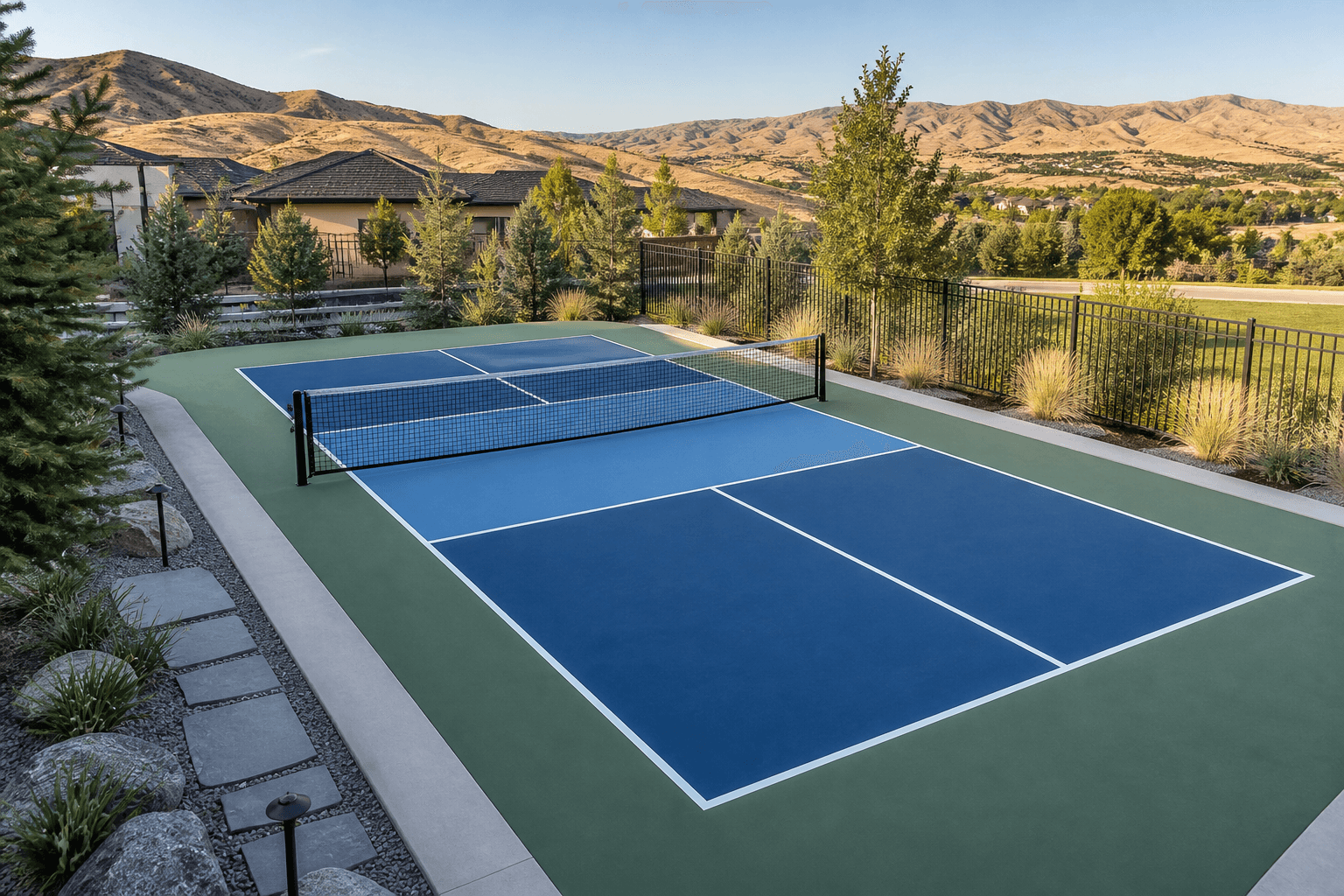 Boise backyard pickleball court with a single dedicated court layout, foothills, landscaping, and black fencing