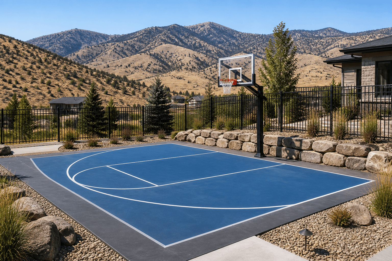 Idaho and Utah backyard basketball half court with one dedicated court layout, mountain views, fencing, and retaining wall