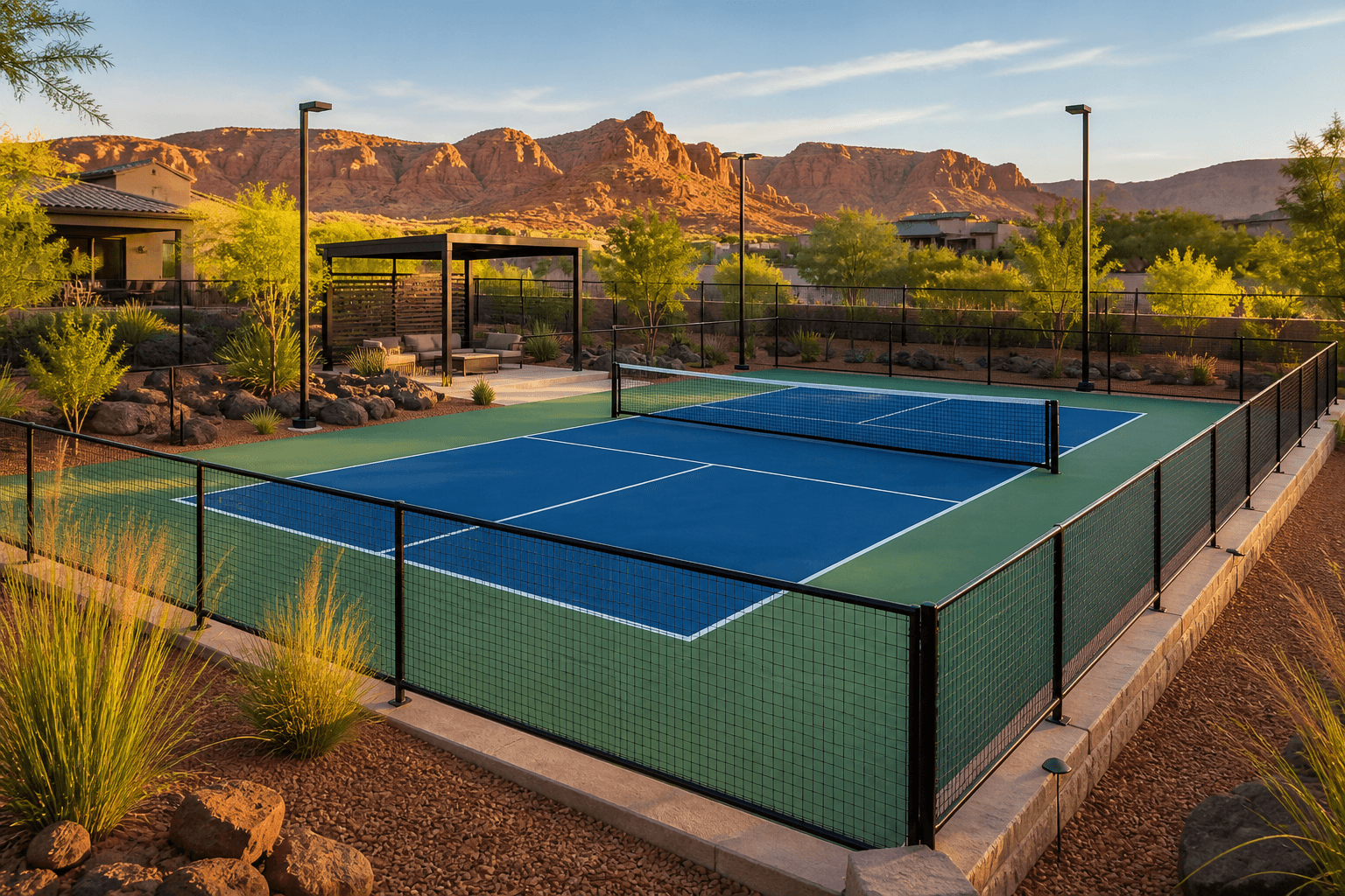 St. George backyard pickleball court with red rock desert landscaping, fencing, shade, and court lighting