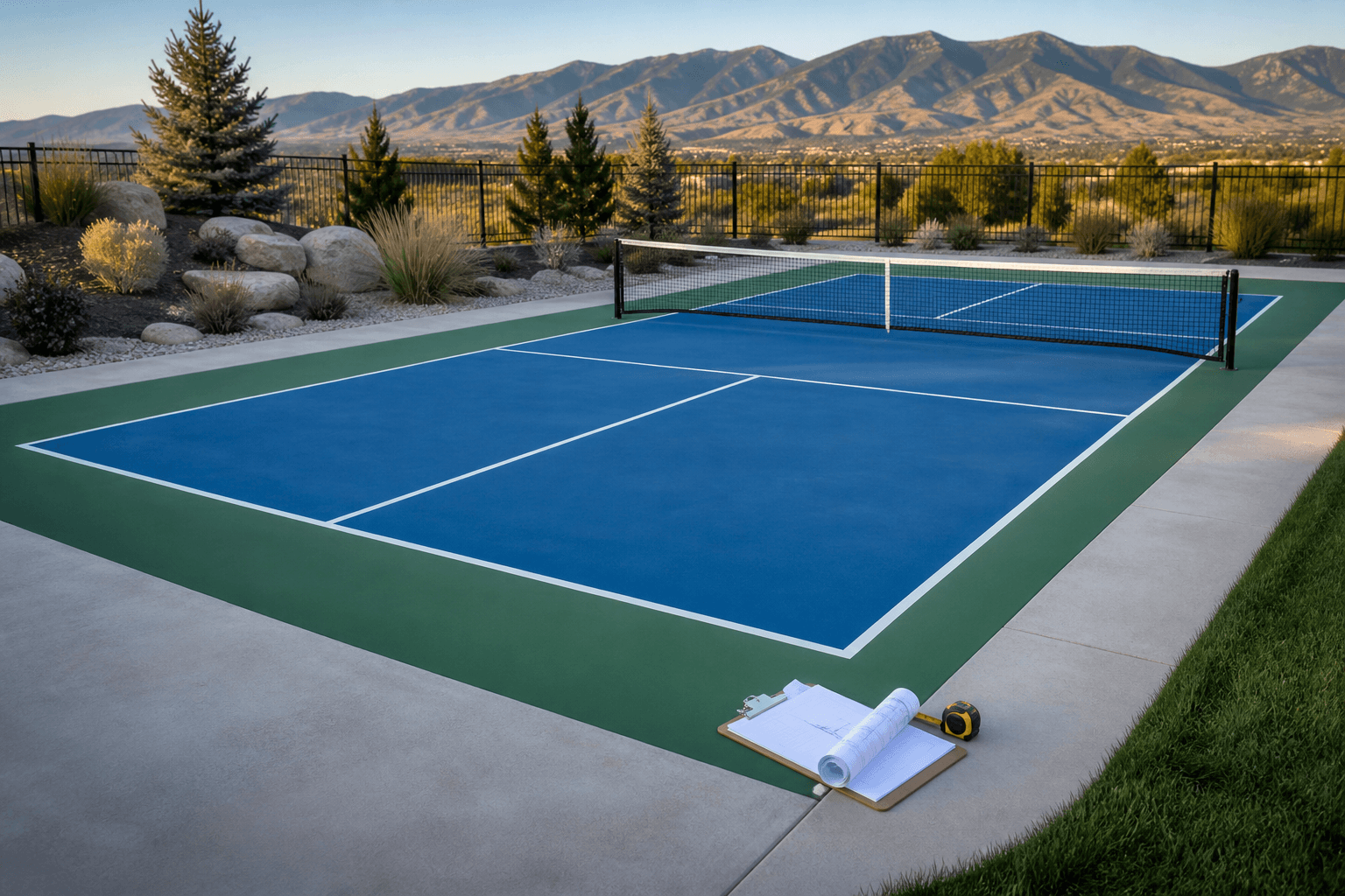 Backyard pickleball court with quote-planning documents, measuring tape, fencing, landscaping, and mountain views