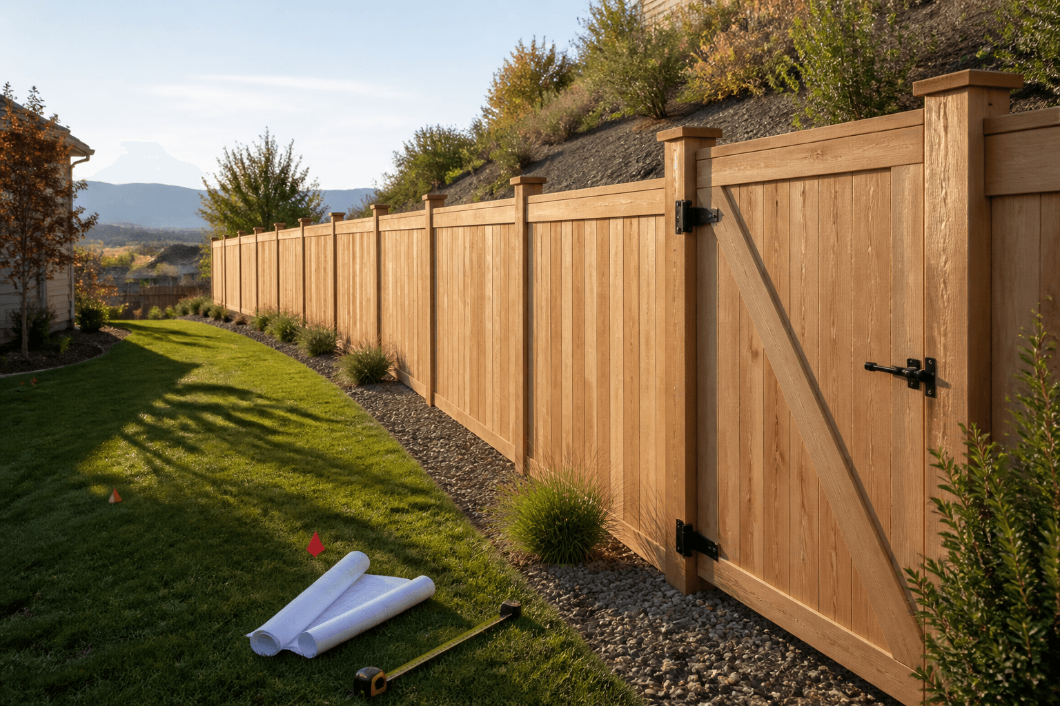 Residential wood fence line with gate, slope, measuring tape, plan rolls, and yard marking flags