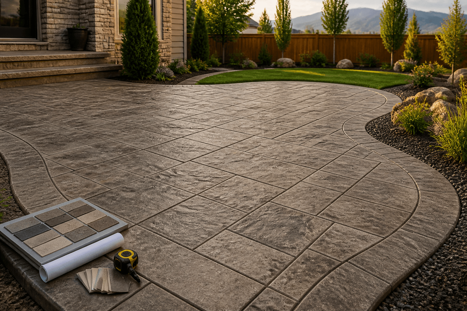 Stamped concrete patio with decorative pattern, color samples, rolled plans, measuring tape, landscaping, and mountain views