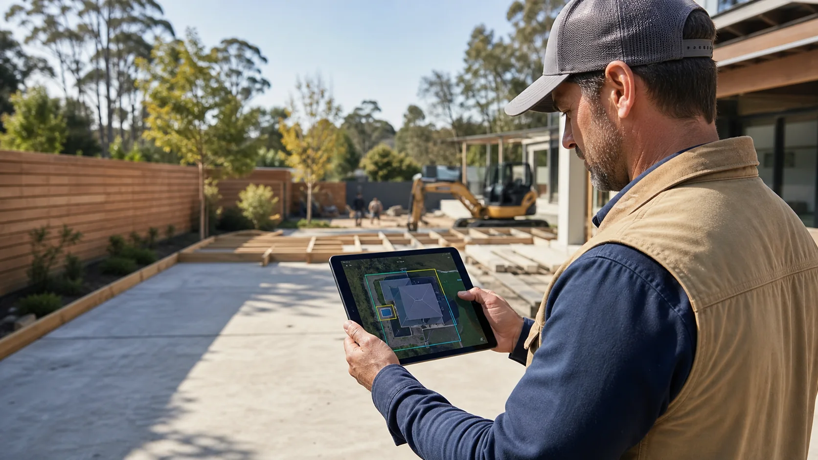 Contractor reviewing a mapped property project on a tablet at a jobsite
