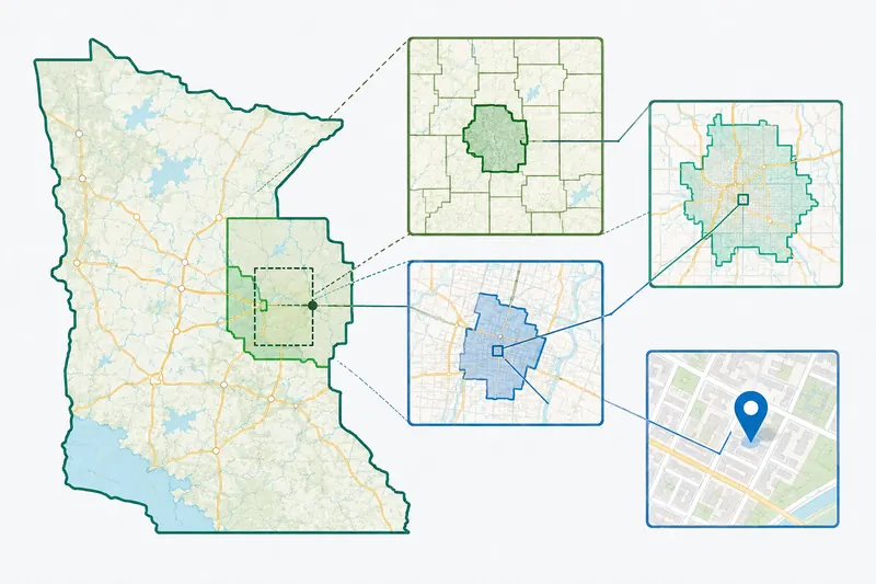 Nested state, county, city, and ZIP-style map boundaries surrounding a location pin