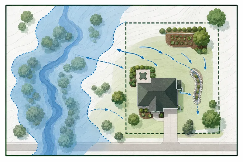 Property map beside a floodplain and stream with drainage planning arrows