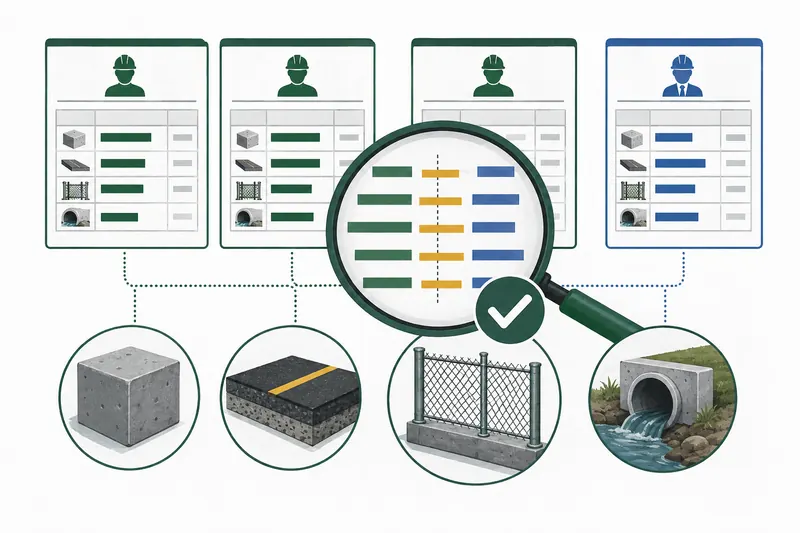 Anonymized public construction bids being compared for individual project components