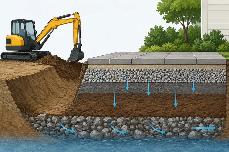 Soil cross section showing excavation, aggregate base, drainage, clay, and rock