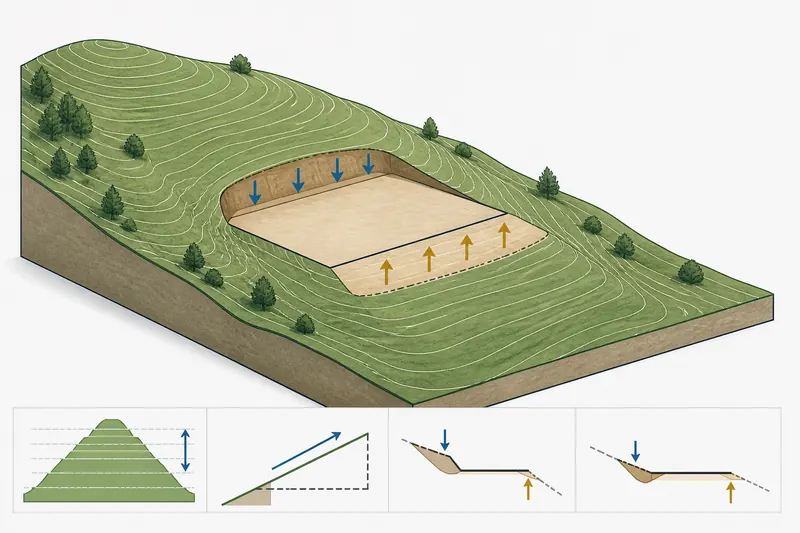 Sloped terrain with contour lines and a level project pad illustrating grading work
