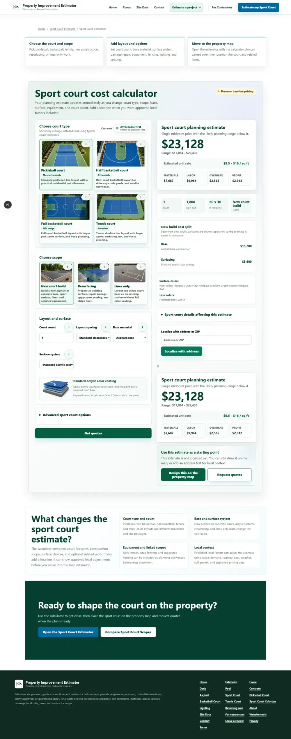 Sport court calculator showing project options, an immediate estimate, cost buckets, and map handoff actions
