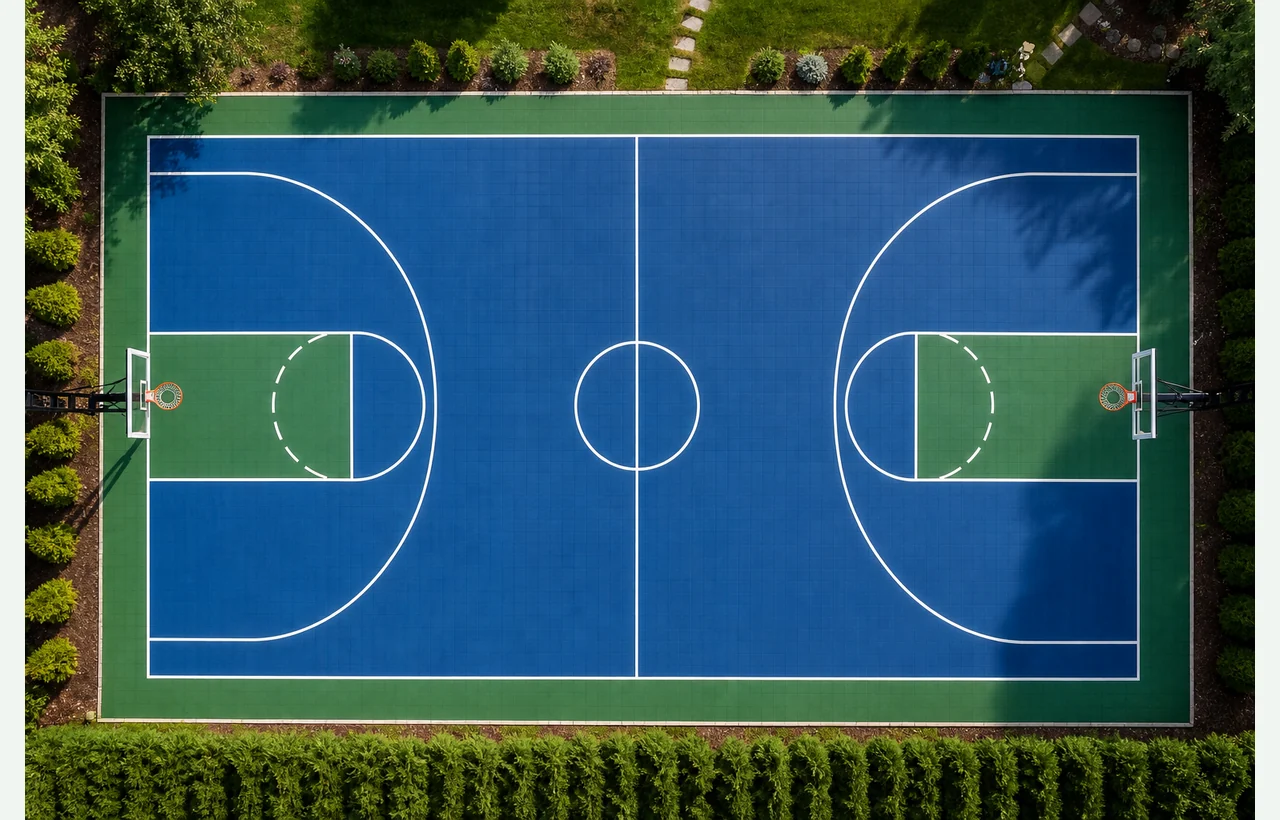 Backyard full basketball court with hoops and curved markings