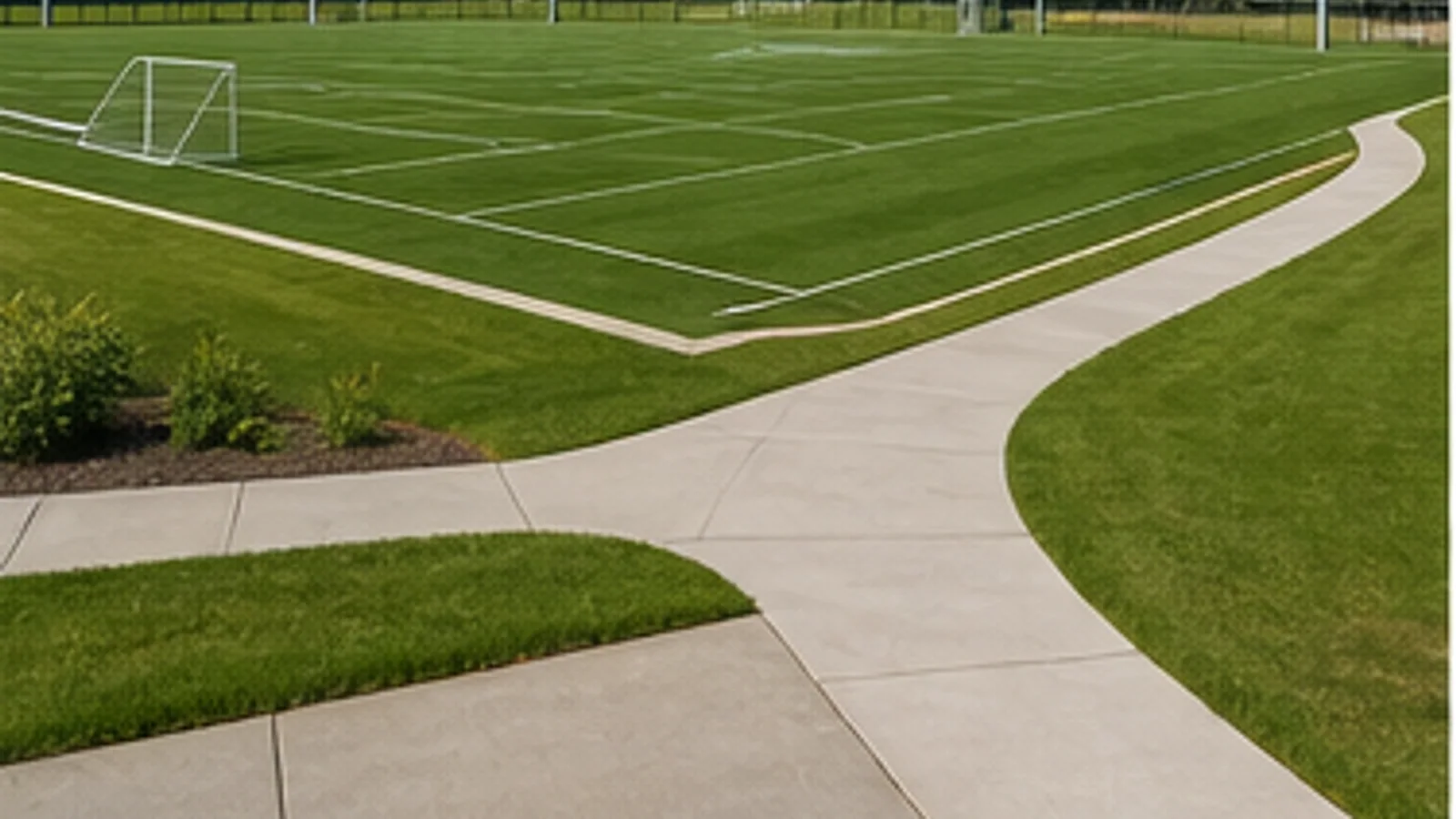 Sport field planning layout with turf, field markings, seating, and surrounding site context