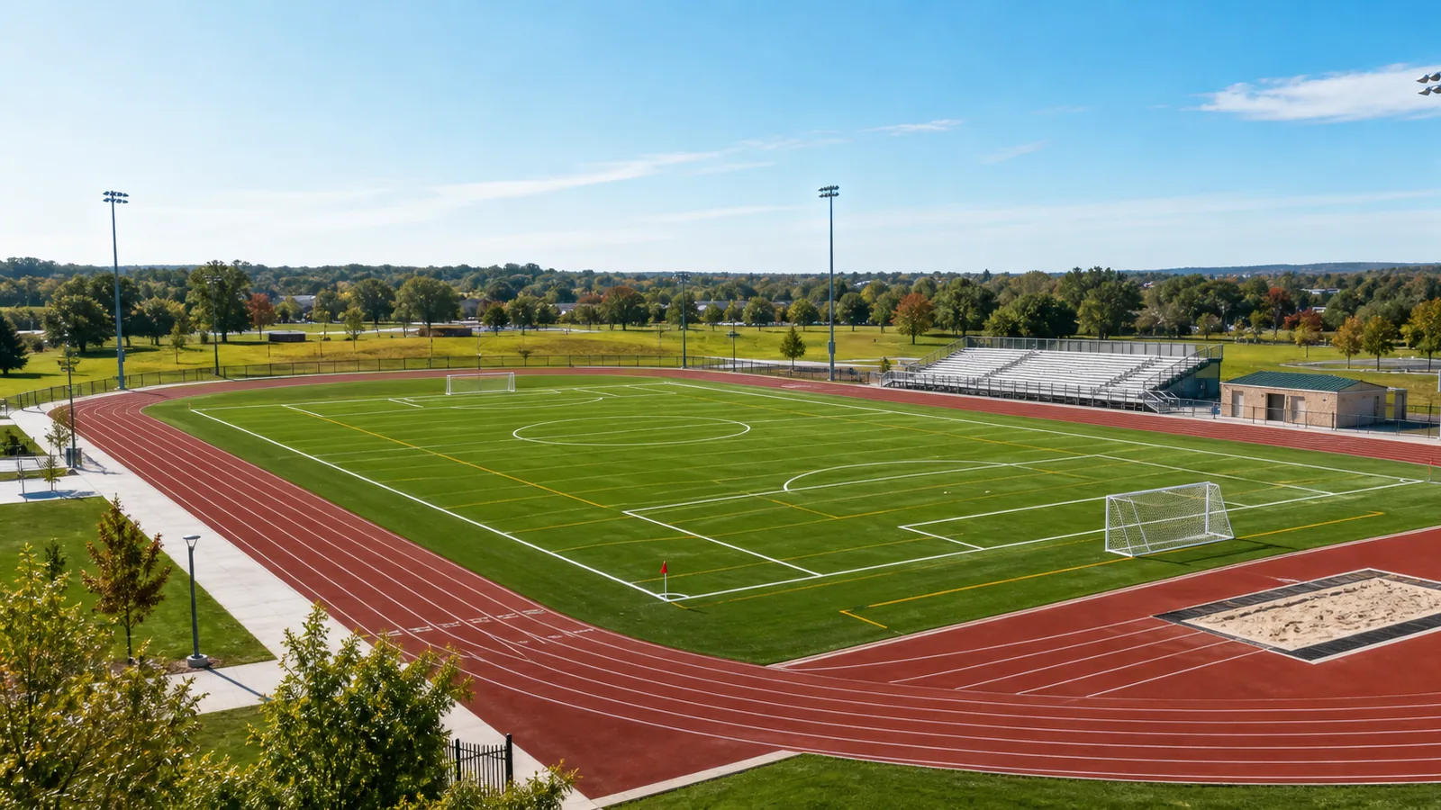 Athletic field planning scene with turf, track, fencing, and seating context