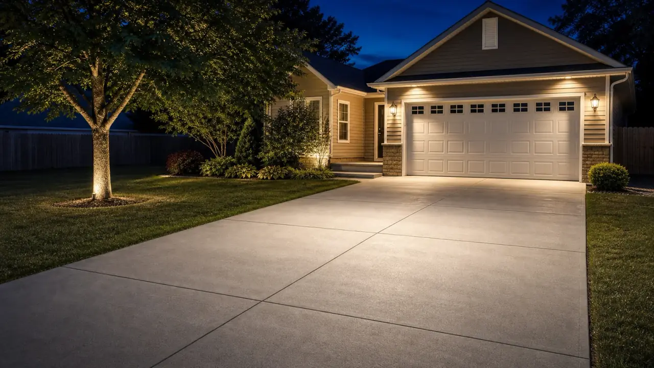 Outdoor lights aimed over a concrete pad or work area