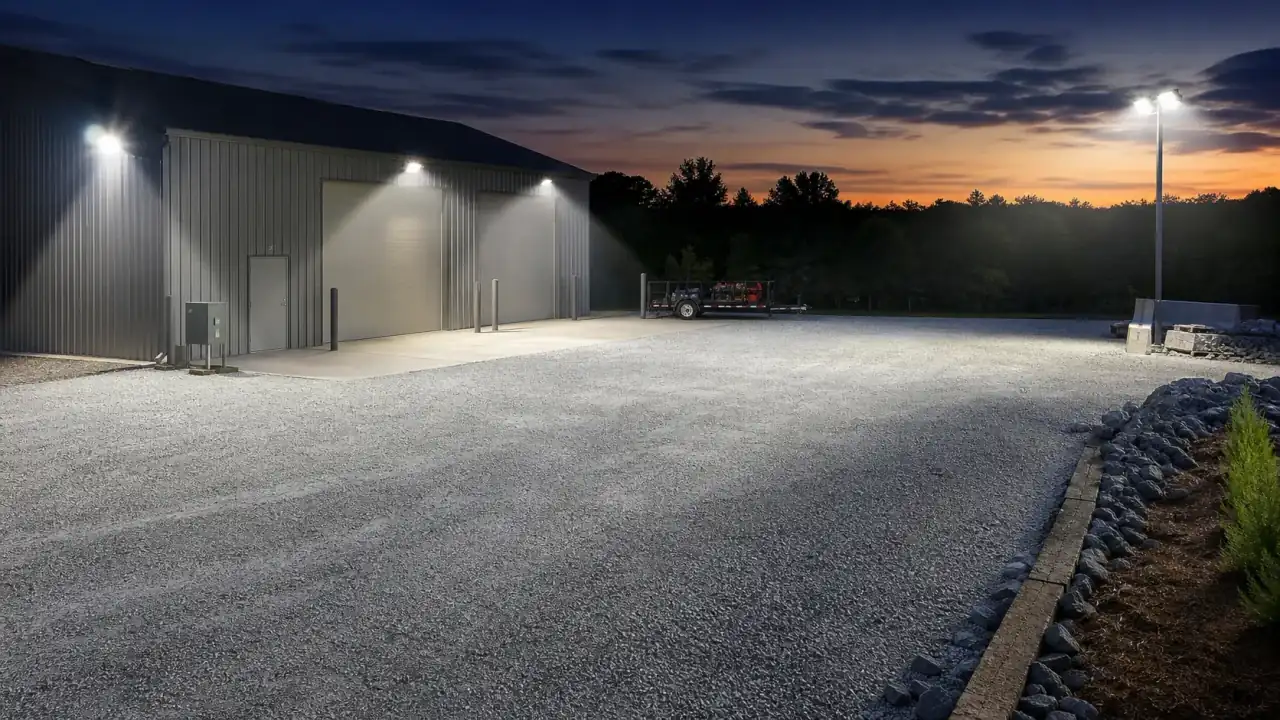 Outdoor area lighting fixtures aimed across an open property work area