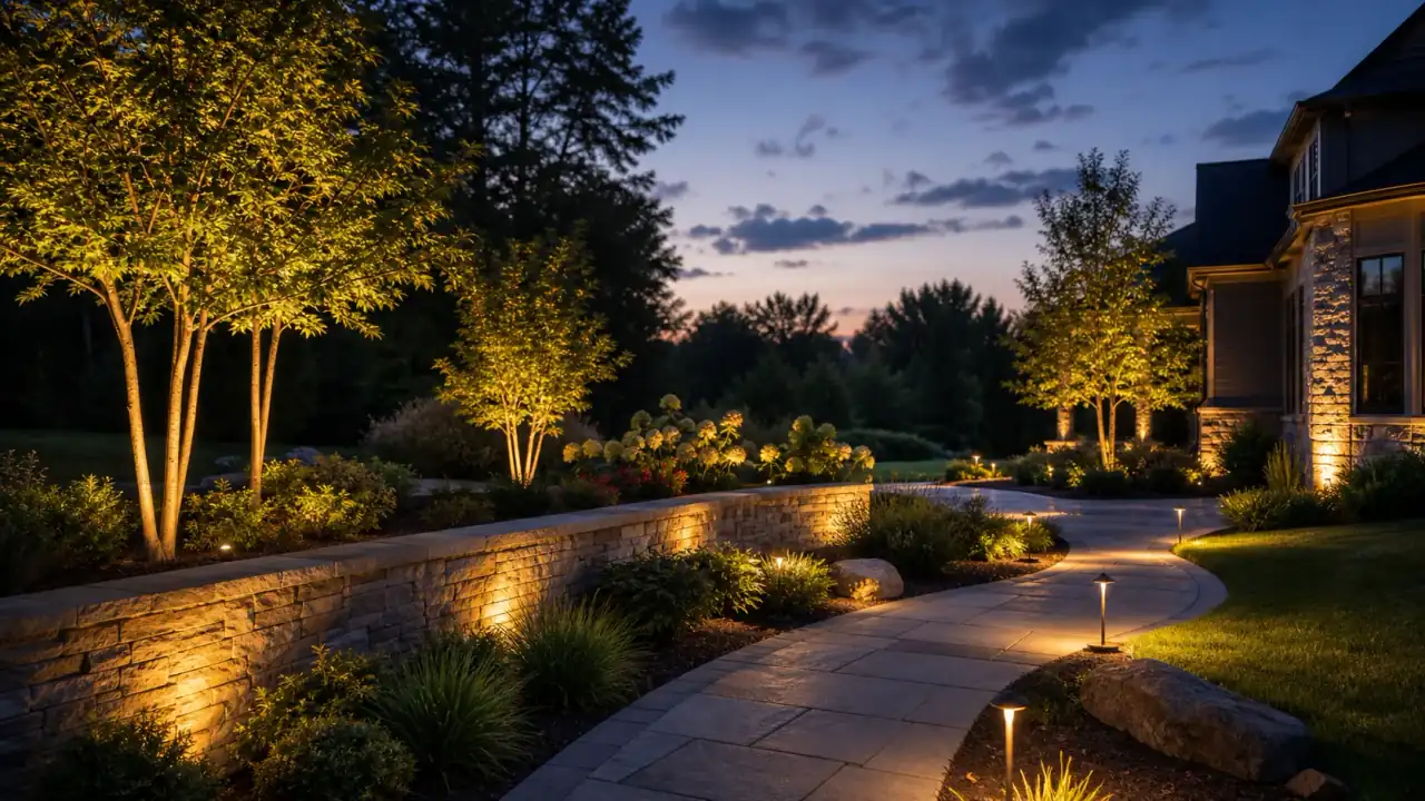 Accent lights highlighting landscaping and outdoor focal points