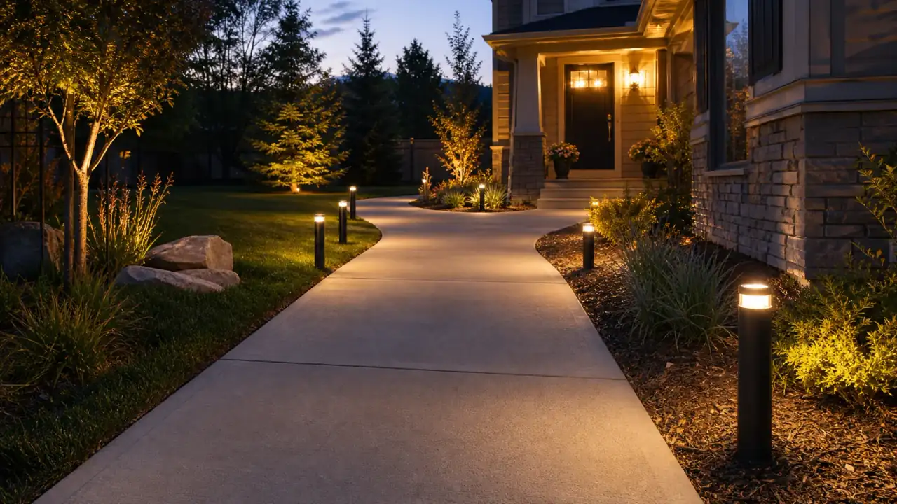 Path lights around a concrete entry and walkway