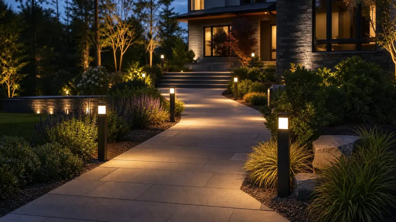 Low outdoor lights along a walkway and entry path