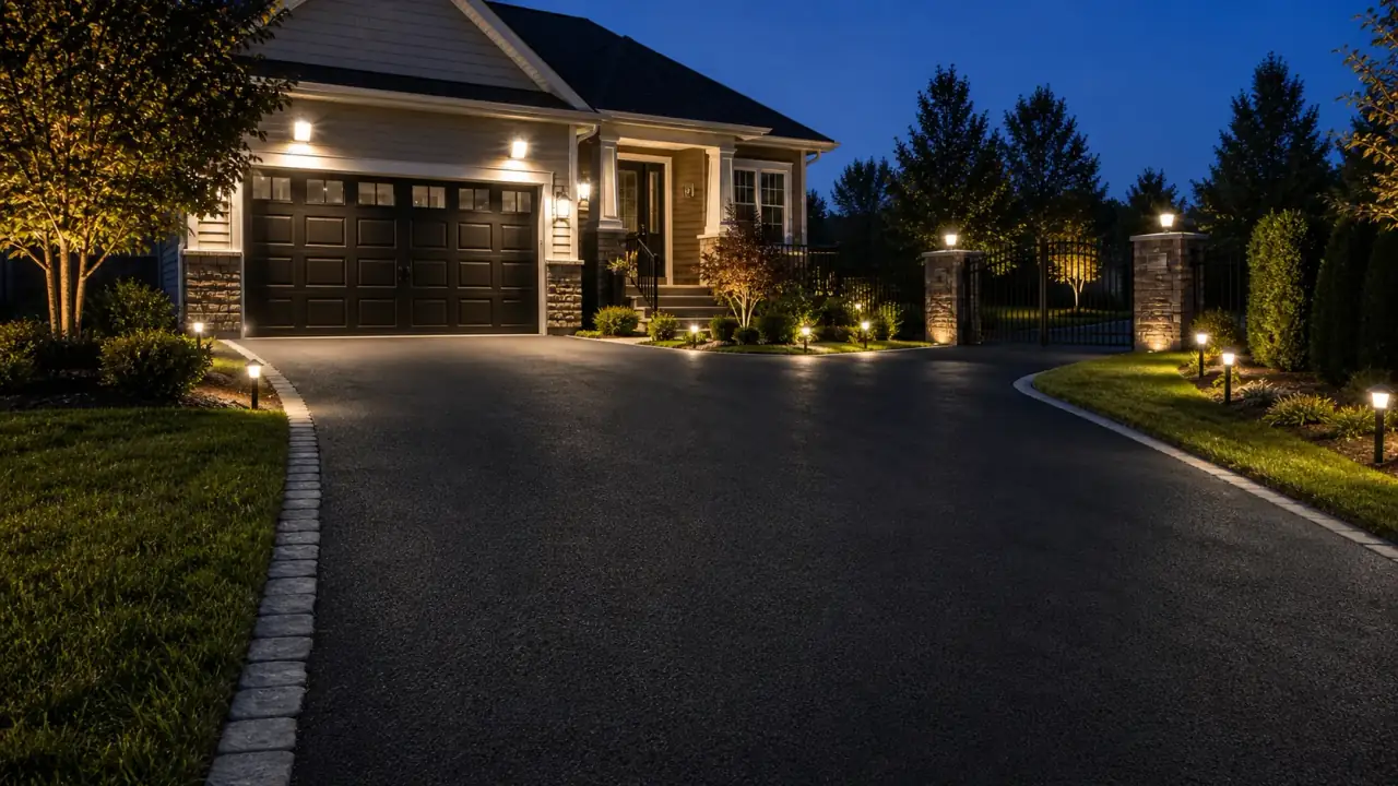 Outdoor security lighting over an asphalt driveway or paved area