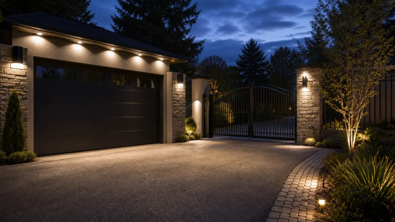 Security light fixture aimed across a driveway and entry area