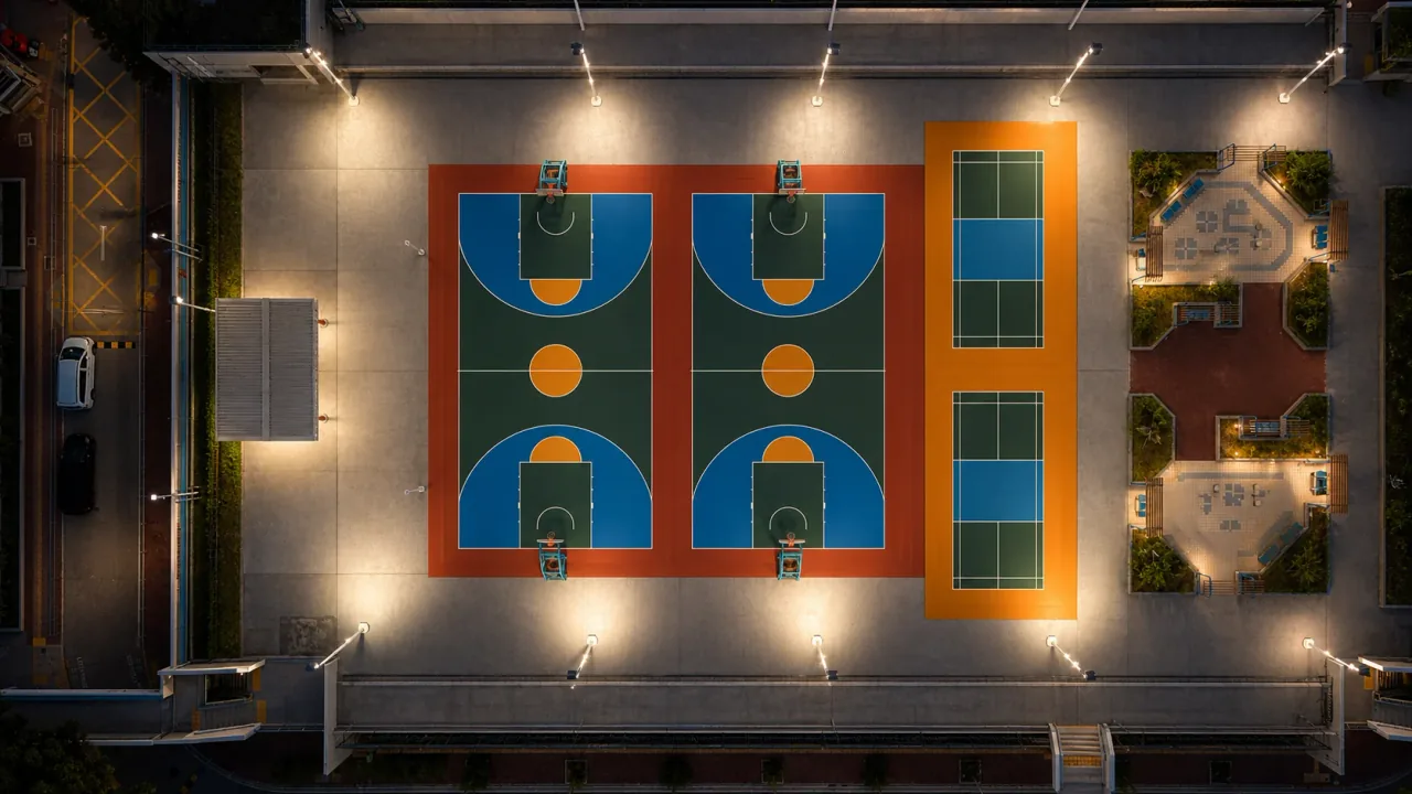 Sport court lighting fixtures shown over a court planning scene